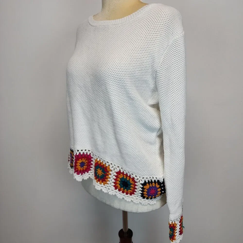 Joseph A. Womens Granny Square Crochet Trim Sweater Size XL White Pullover Knit